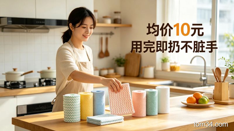 懒人抹布、纳米魔力擦、一次性油污清洁湿巾、长柄杯刷整齐摆放在浅色厨房台面上