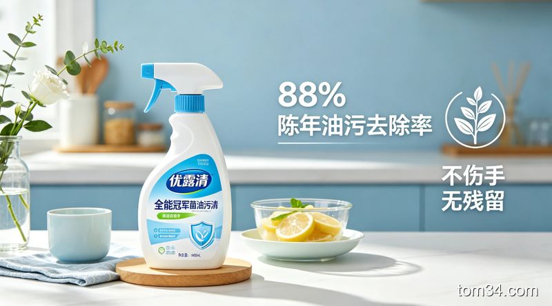 优露清全能冠军抑菌油污清产品摆放在干净的厨房灶台上，旁边放着成分检测报告特写，标注88%陈年油污去除率字样