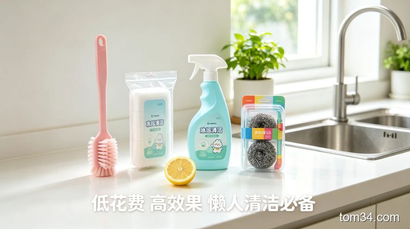 场景：厨房台面摆放洗洁精、白醋、喷壶、小苏打、家用抹布等常见物品，风格：清新明亮生活化，主体动作：依次演示调配洗洁精白醋溶液、涂抹小苏打糊、喷专用清洁剂的3个简单动作，关键元素：添加“用家里现有物品”“一喷一擦”“省一半时间”文字标注，突出快手易操作特点