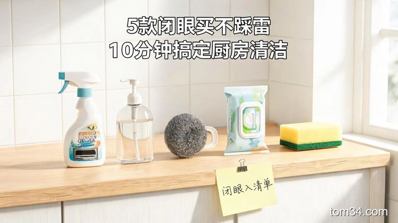 整洁干净的厨房台面场景，整齐摆放着5款推荐的清洁好物，旁边贴着手写的&ldquo;闭眼入清单&rdquo;便签，清新明亮生活化风格，画面有文字标注&ldquo;5款闭眼买不踩雷 10分钟搞定厨房清洁&rdquo;，突出高效快捷
