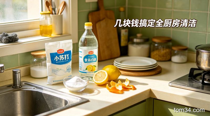 清新明亮生活化厨房场景，台面上摆放小苏打、洗洁精、温水、抹布、旧牙刷几样常见家用物品，配文字标注「无需额外花钱买材料」，风格温馨接地气，突出简单易上手