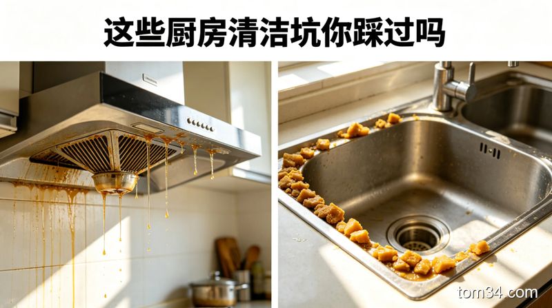 场景是挂着厚油污的油烟机、积了油垢的厨房水槽，风格清新明亮生活化，画面标注「这些厨房清洁坑你踩过吗」，突出油污厚重、拆洗费劲的状态，元素简单易懂