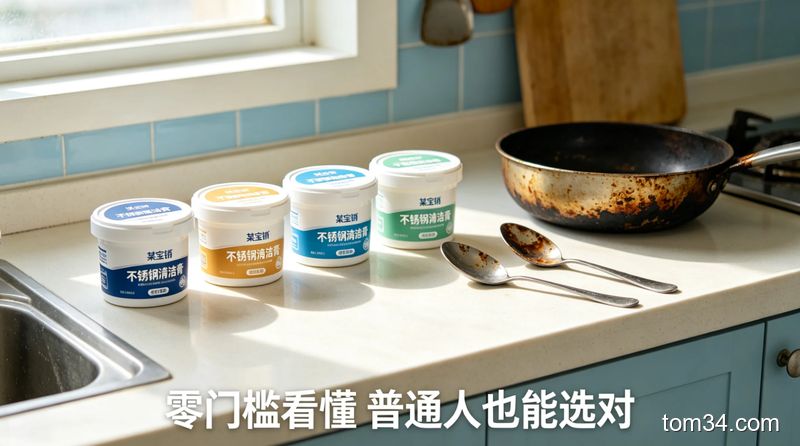 普通家庭厨房台面场景，摆放5款某宝热销不锈钢清洁膏，旁边放生锈不锈钢勺、烧黑不锈钢锅，风格清新明亮生活化，底部标注文字「零门槛看懂 普通人也能选对」，突出简单、低成本