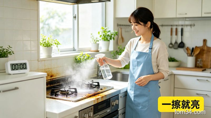 女生用抹布擦拭灶台，擦过的区域干净发亮，对比明显