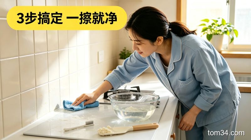 干净整洁的现代厨房，台面摆放着食盐、白醋、柠檬等常见厨房清洁材料
