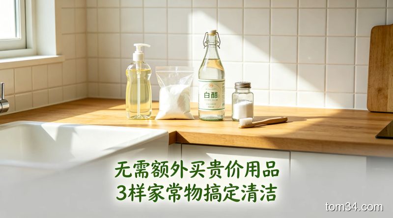 清新明亮生活化厨房场景，台面上摆放洗洁精、小苏打、白醋、食盐、旧牙刷家常清洁物品，搭配文字标注「无需额外买贵价用品 3样家常物搞定清洁」
