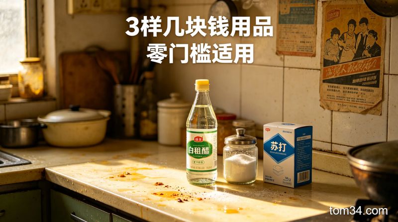 清新明亮生活化场景，出租屋小厨房台面上摆放白醋、食盐、小苏打三样便宜清洁用品，配文字标注「3样几块钱用品 零门槛适用」，风格温馨接地气