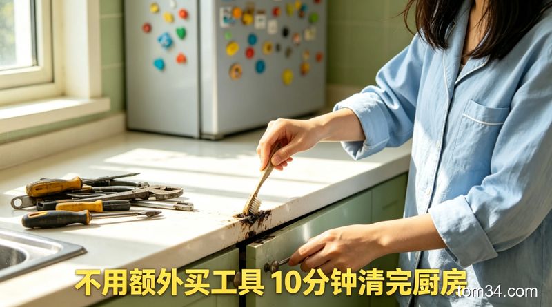 清新明亮生活化风格，厨房边角清洁特写场景，展示用废弃银行卡刮缝隙油污、用旧牙刷刷边角的动作，旁边摆放闲置旧工具，配文字标注「不用额外买工具 10分钟清完厨房」，突出省时属性