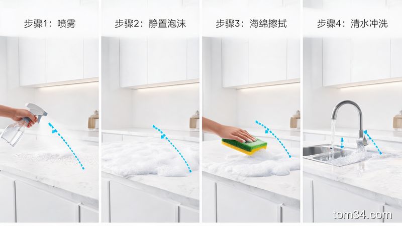 厨房清洁步骤示意图，喷清洁剂、静置、擦拭、冲洗，温和不刺激
