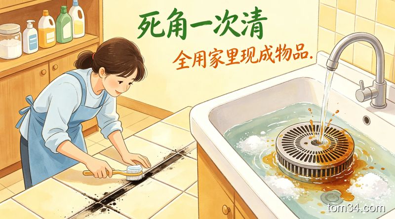 温馨生活化厨房清洁场景，左侧展示用旧牙刷蘸牙膏刷瓷砖缝、右侧展示水流冲浸泡过的抽油烟机油滤网，油污快速脱落，画面标注\