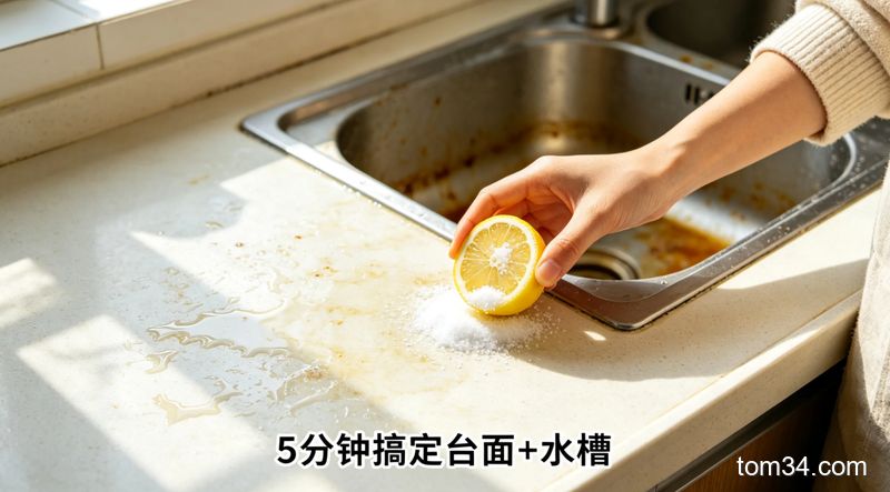 清新明亮生活化风格，厨房台面+水槽场景，台面上有水印污渍，水槽内壁有油污，一只手拿着切开的柠檬蘸食盐擦拭台面，配有文字标注“5分钟搞定台面+水槽”，突出低成本高效的特点