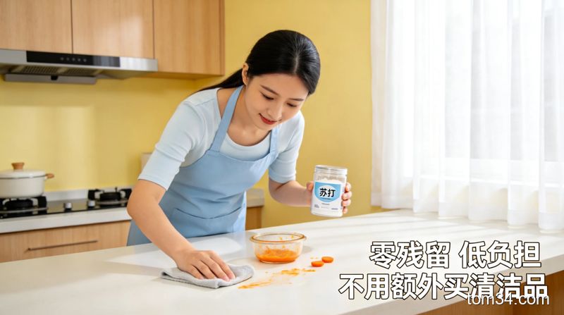温馨明亮的有娃家庭厨房，台面上摆放着小苏打、白醋等家用清洁用品，旁边放着宝宝的卡通硅胶辅食碗