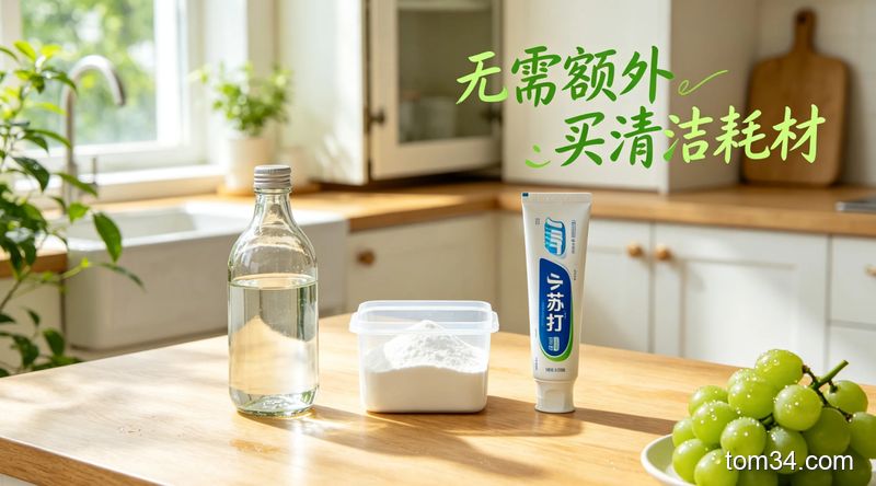 桌面上摆放着白醋、小苏打、牙膏三样家常清洁用品，背景是整洁的厨房台面