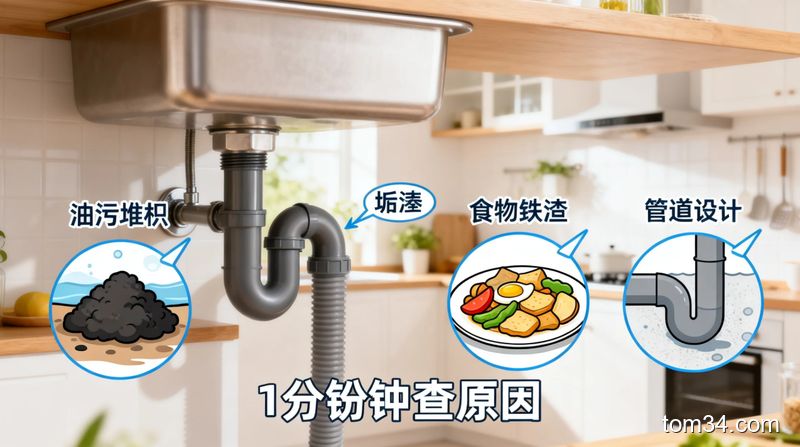清新明亮生活化厨房场景，水槽下水管道特写，配3个卡通标注分别标出油污堆积、食物残渣、管道设计三个堵塞原因，标注文字「1分钟排查原因」，整体风格简单易懂无复杂元素
