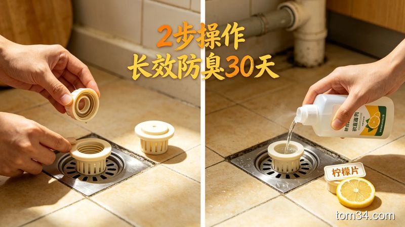 厨房地面地漏特写，依次展示更换防臭地漏芯、往管道喷少量抑菌剂的两个动作，旁边放着平价防臭地漏芯、柠檬片，画面加文字标注「2步操作 长效防臭30天」，风格生活化，突出低成本