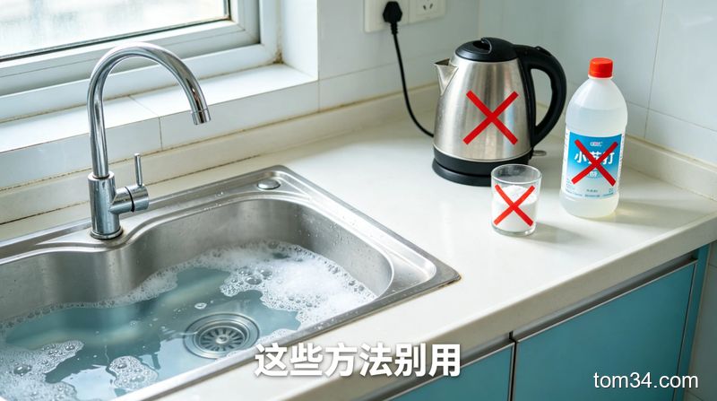 清新明亮生活化风格，普通出租房厨房水池特写，水面冒泡下水缓慢，旁边摆放的热水壶、小苏打、白醋上画红色禁止叉，配文字「这些方法别用」，整体简洁无复杂装饰，突出租房场景