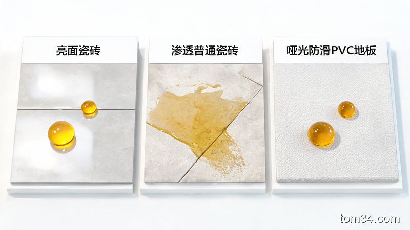 不同防油地板材质对比:瓷砖、石英石、PVC地板革
