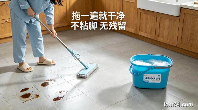 厨房地面有油污脚印的场景，女生拿普通拖把拖地面，拖过的位置光亮无印，旁边是加了食用碱和洗洁精的拖地桶，清新明亮生活化风格，配文字标注「拖一遍就干净 不粘脚 无残留」