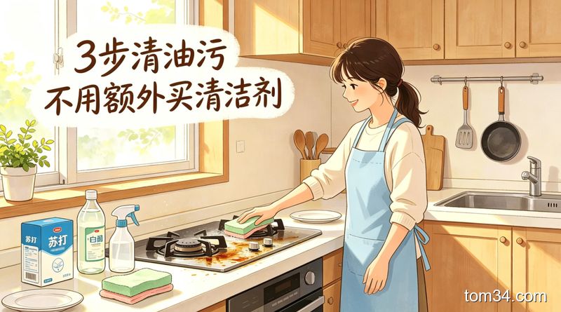 明亮温馨的现代厨房场景，台面摆放着小苏打、白醋、柠檬、旧牙刷等常用清洁用品，氛围感轻松生活化