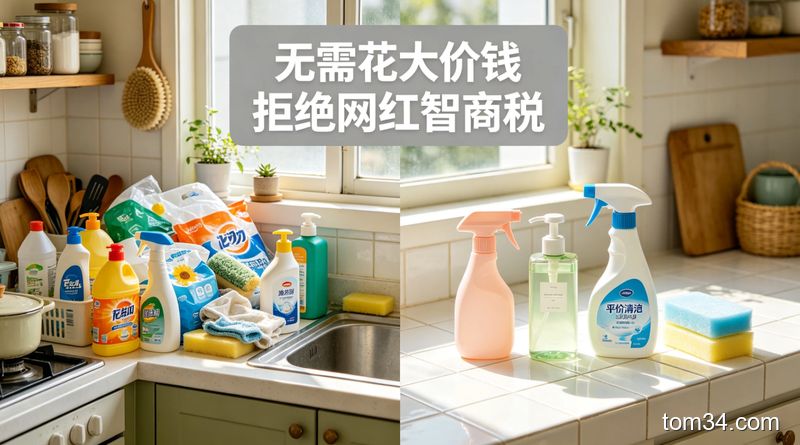 清新明亮生活化风格，普通家庭厨房场景，左侧是闲置的网红清洁用品堆，右侧是4款平价清洁好物摆放在干净的瓷砖上，配文字标注'无需花大价钱 拒绝网红智商税'
