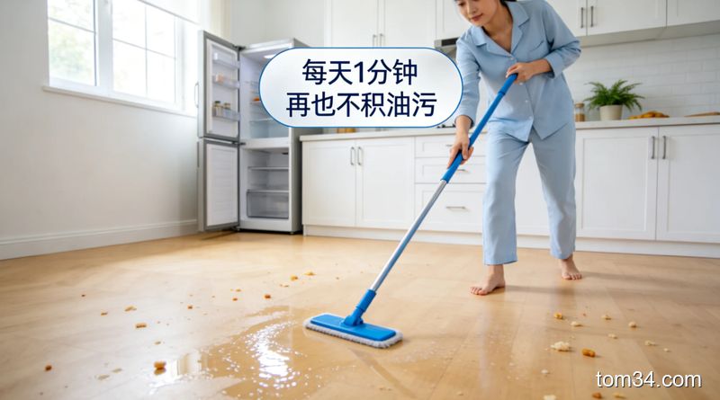 年轻女士饭后随手用拖布擦厨房地面，表情轻松，旁边放着简单清洁用品，阳光洒进厨房氛围治愈