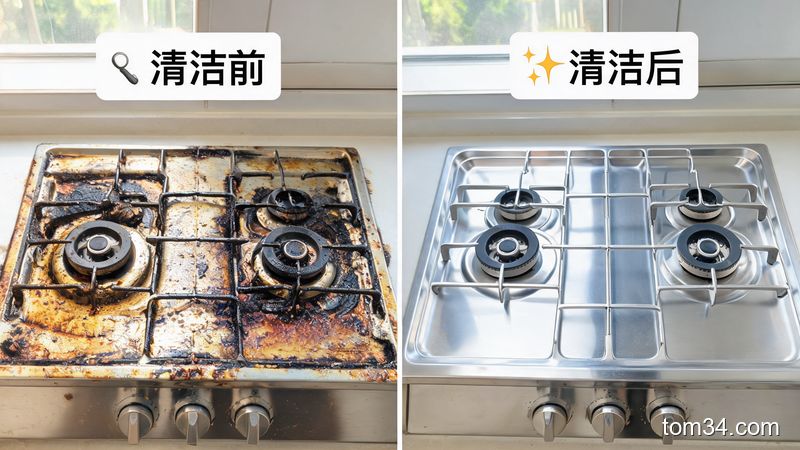 清洁前后对比：灶台从油垢满布到光亮如新
