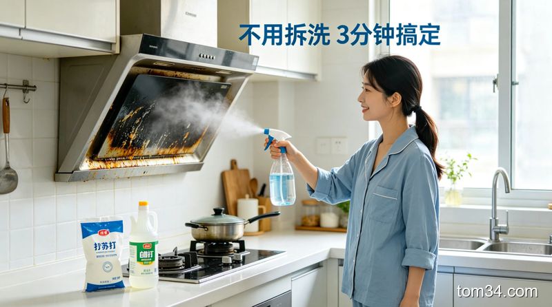 上班族女生拿着喷壶给抽油烟机喷清洁液，抹布一擦油污就掉，操作轻松