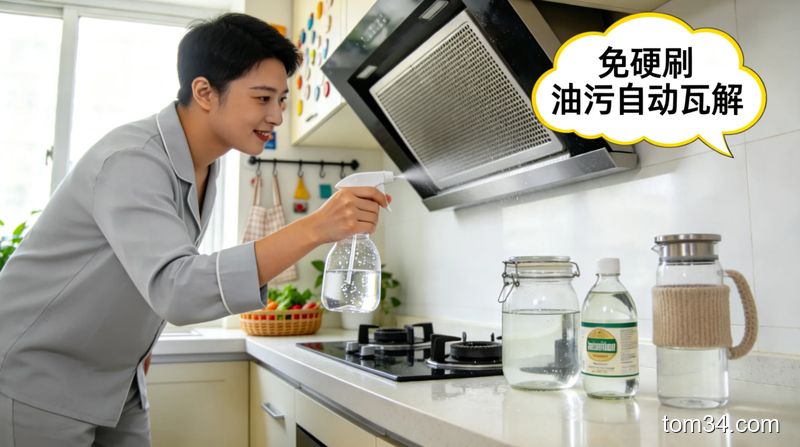 干净明亮的开放式厨房，台面上摆放着食用碱、白醋、洗洁精等家常清洁用品