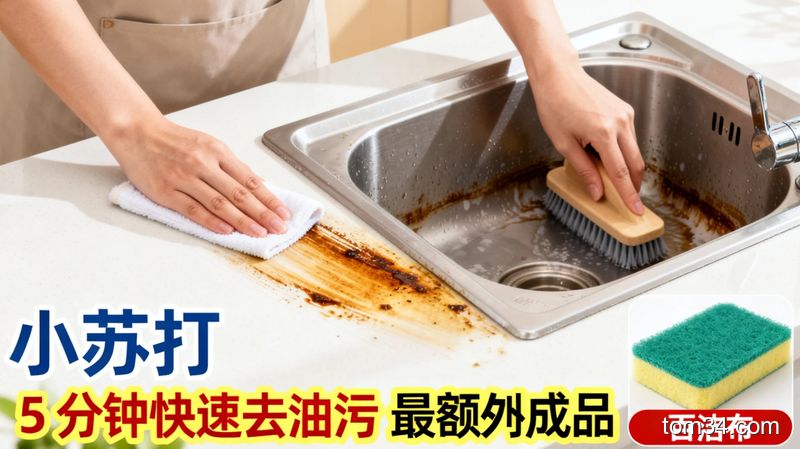 明亮的厨房台面场景，普通人分别用小苏打擦拭油污台面、刷洗水槽水垢，旁边只有普通百洁布，配文字标注「5分钟快速去油污 零额外成本」，风格清新生活化