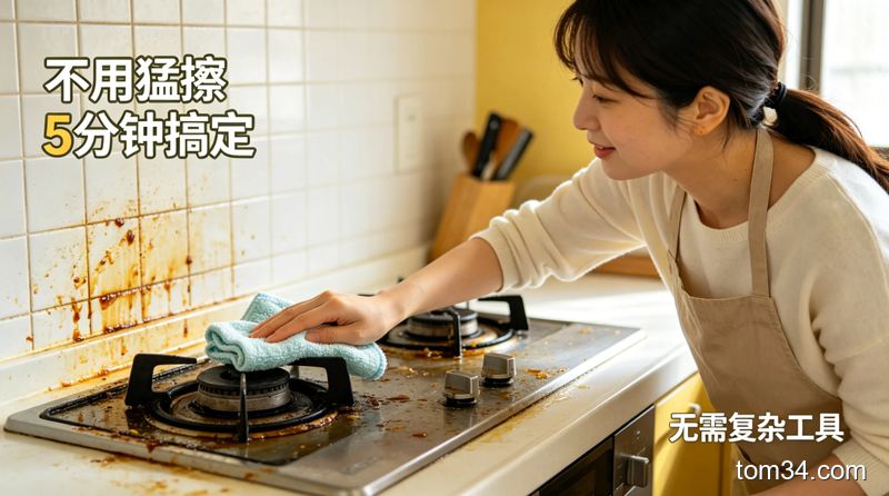 灶台油污清洁步骤演示，手拿着喷壶喷温洗洁精水，抹布轻轻擦拭灶台
