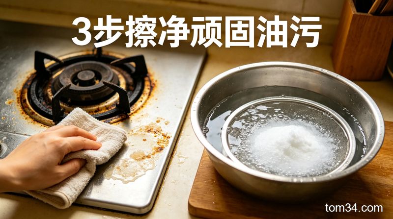真实家庭厨房场景，左侧是沾了油污的灶台，一只手拿着抹布正在擦拭，右侧是泡在加了小苏打的热水盆里的抽油烟机滤网，配文字「3步擦净顽固油污」，接地气生活化风格，突出不用费力