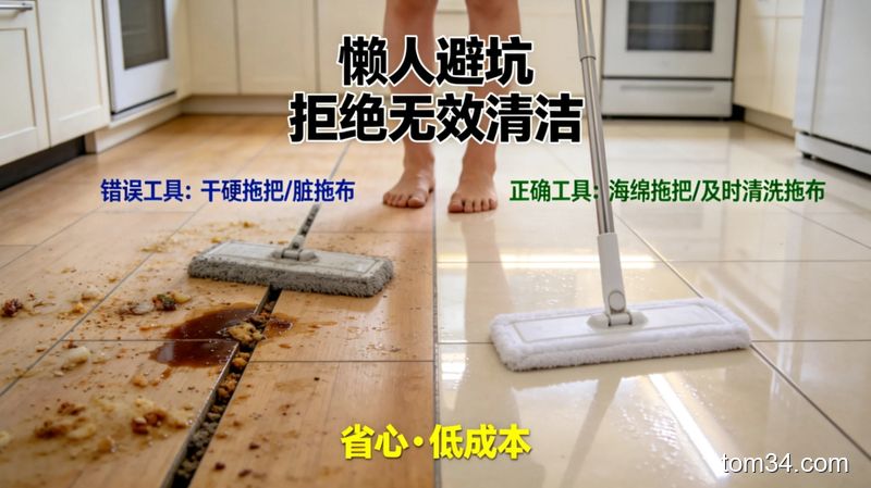 对比图，左侧是错误用热水冲地板、脏拖布的场景，右侧是正确清洁后的干净厨房，体现避坑要点
