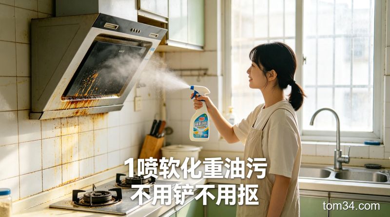 清新明亮生活化出租房厨房场景，女生手持清洁剂对着有重油污的墙面/油烟机喷洒，配文字标注「1喷软化重油污 不用铲不用抠」，突出操作简单快手