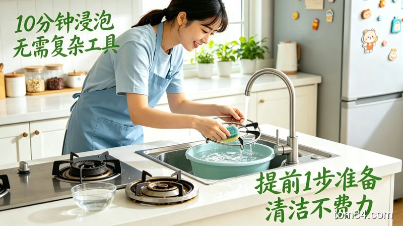 厨房灶台炉头炉架浸泡在加了洗洁精的温水中的场景，旁边放着喷了洗洁精水的油污墙面，生活化温馨风格