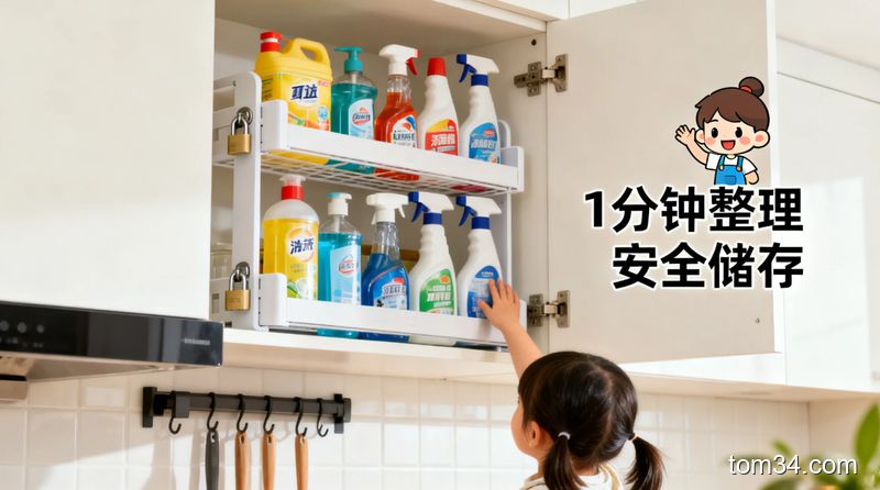 明亮写实生活化风格，场景是厨房高处带锁的橱柜内部，主体是不同类清洁剂分开摆放在分层架上，旁边配卡通小朋友伸手够不到的示意，标注文字\