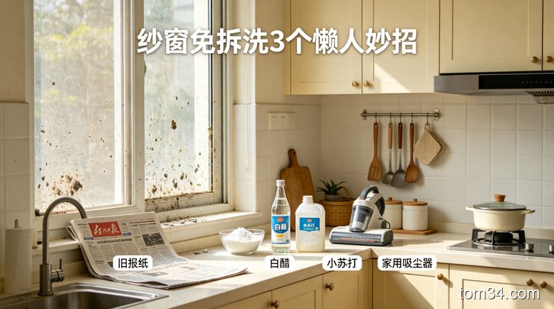 清新明亮生活化厨房场景，沾有灰尘油污的厨房纱窗旁摆放着旧报纸、白醋、小苏打、家用吸尘器几样常见物品，配文字标注「纱窗免拆洗 3个懒人妙招」，风格温馨接地气，突出简单快速零成本