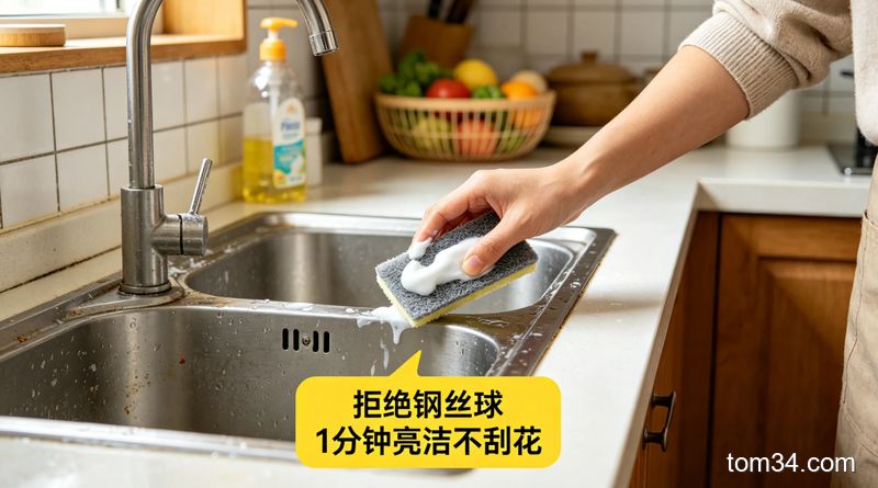 明亮家常厨房场景，不锈钢水槽上有水渍和轻微油污，一只手拿着沾了牙膏的软百洁布擦拭水槽，配文字标注「拒绝钢丝球 1分钟亮洁不刮花」，风格温馨接地气，突出操作简单