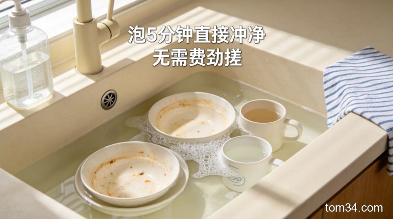 女生用柠檬片擦拭不锈钢水槽，旁边放着洗干净的亮白碗碟