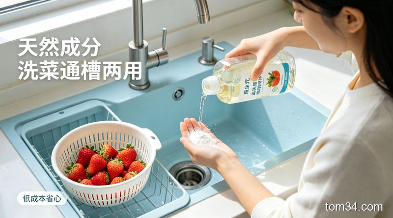透明玻璃碗中泡着新鲜草莓，旁边摆放着蛋生元&middot;蛋壳果蔬净的包装盒