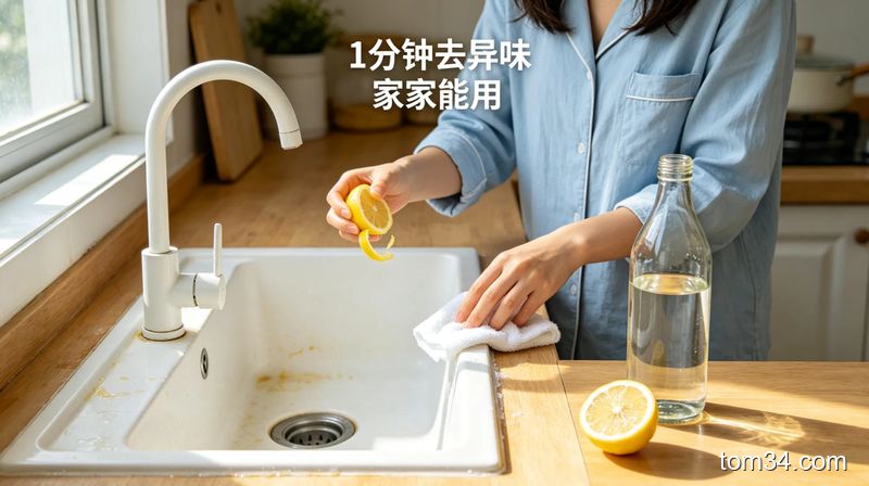 干净清爽的厨房水槽场景，女生拿着新鲜柠檬皮沾着白醋擦拭水槽边缘和下水口，旁边摆着白醋、切开的柠檬，画面标注文字“1分钟去异味 家家能用”，清新自然有生活气息