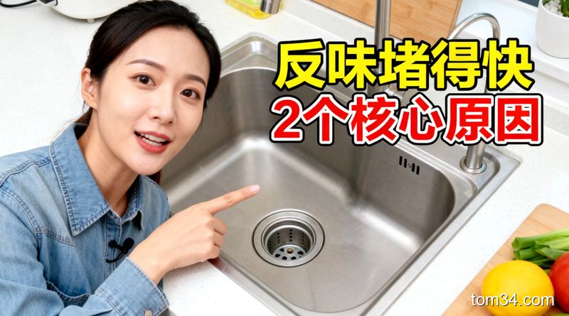 场景为明亮清新的居家厨房水槽边，博主手指向水槽下水道口做讲解，旁边配文字标注「反味堵得快2个核心原因」，风格生活化接地气，突出简单、无需复杂排查、零成本的特点