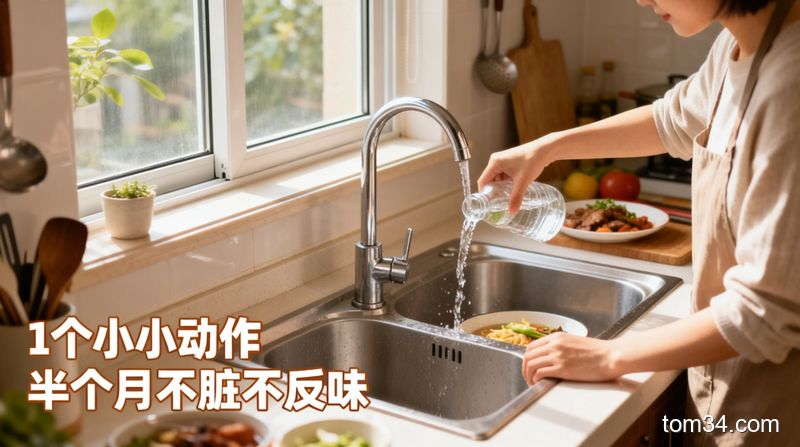 场景为开着窗通风的日常厨房，刚做完饭的人随手往水槽倒温热水，旁边配文字标注「1个小动作 半个月不脏不反味」，风格温暖生活化，突出易操作、零成本、好坚持的特点