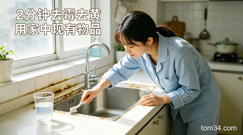 厨房水槽缝隙有发黄霉斑的场景，女生拿旧牙刷沾白醋+牙膏刷缝隙，刷过的位置白净无霉，清新明亮生活化风格，配文字标注「2分钟去霉去黄 用家中现有物品」