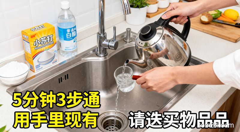 场景为整洁的厨房台面，摆放着小苏打、白醋、普通开水壶，普通人的手依次往水槽下水道倒这三样物品，旁边配文字标注「5分钟3步疏通 用家里现有物品」，风格清新明亮，突出快手、低成本、不用额外买清洁品的特点
