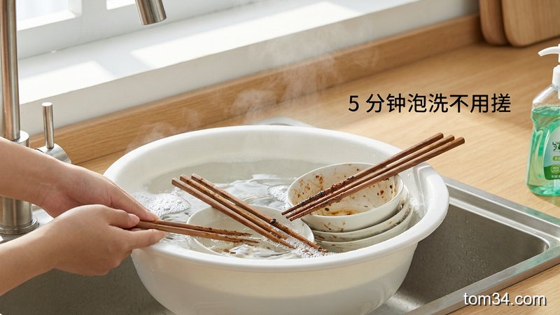 场景：厨房水槽边，主体动作：将沾有油污的筷子、碗筷放入加了清洁剂的热水盆中浸泡，旁侧标注「5分钟泡洗不用搓」文字，风格：清新明亮生活化，关键元素：快手操作、轻松去油污、筷子缝隙去垢