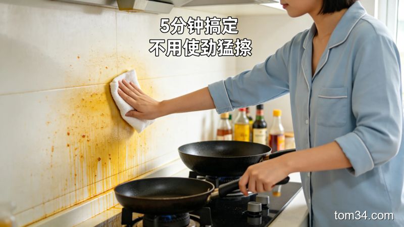 宝妈戴着轻薄家用手套轻轻擦拭石英石灶台，原本覆盖油污的灶台擦完后亮洁如新，旁边放着喷了白醋的小苏打粉