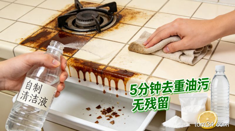 手拿着自制清洁液喷瓶喷灶台油污，旁边放着小苏打和白醋瓶