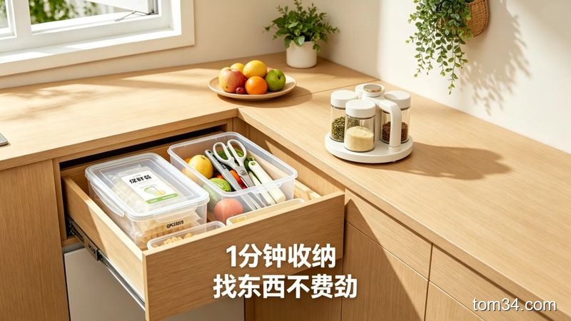 清新明亮生活化风格，打开的厨房抽屉里用得力收纳盒分类放着保鲜袋、小工具，台面上放着山崎旋转调料架，人手一拧就拿到调料，旁边配文字&ldquo;1分钟收纳 找东西不费劲&rdquo;