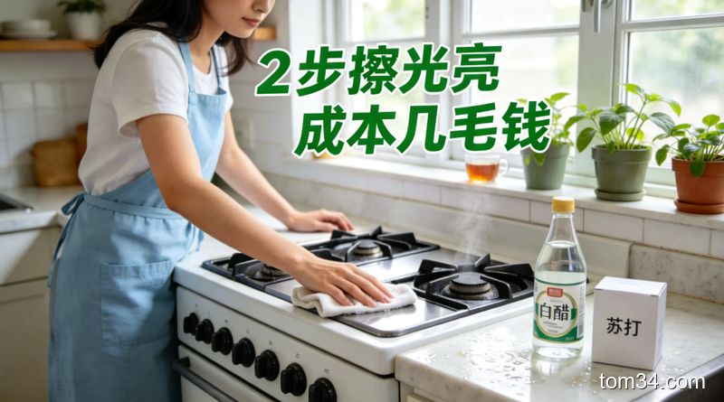 明亮整洁的现代厨房，台面上摆放着白醋、小苏打、洗洁精等常见清洁用品