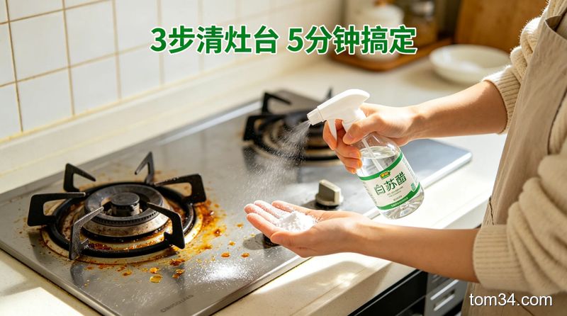 清新明亮生活化风格，家庭厨房灶台场景，灶台上有少量炒菜后的油污，一只手拿着喷壶喷白醋，另一只手撒小苏打，配有文字标注“3步清灶台 5分钟搞定”，突出无需费力搓的特点